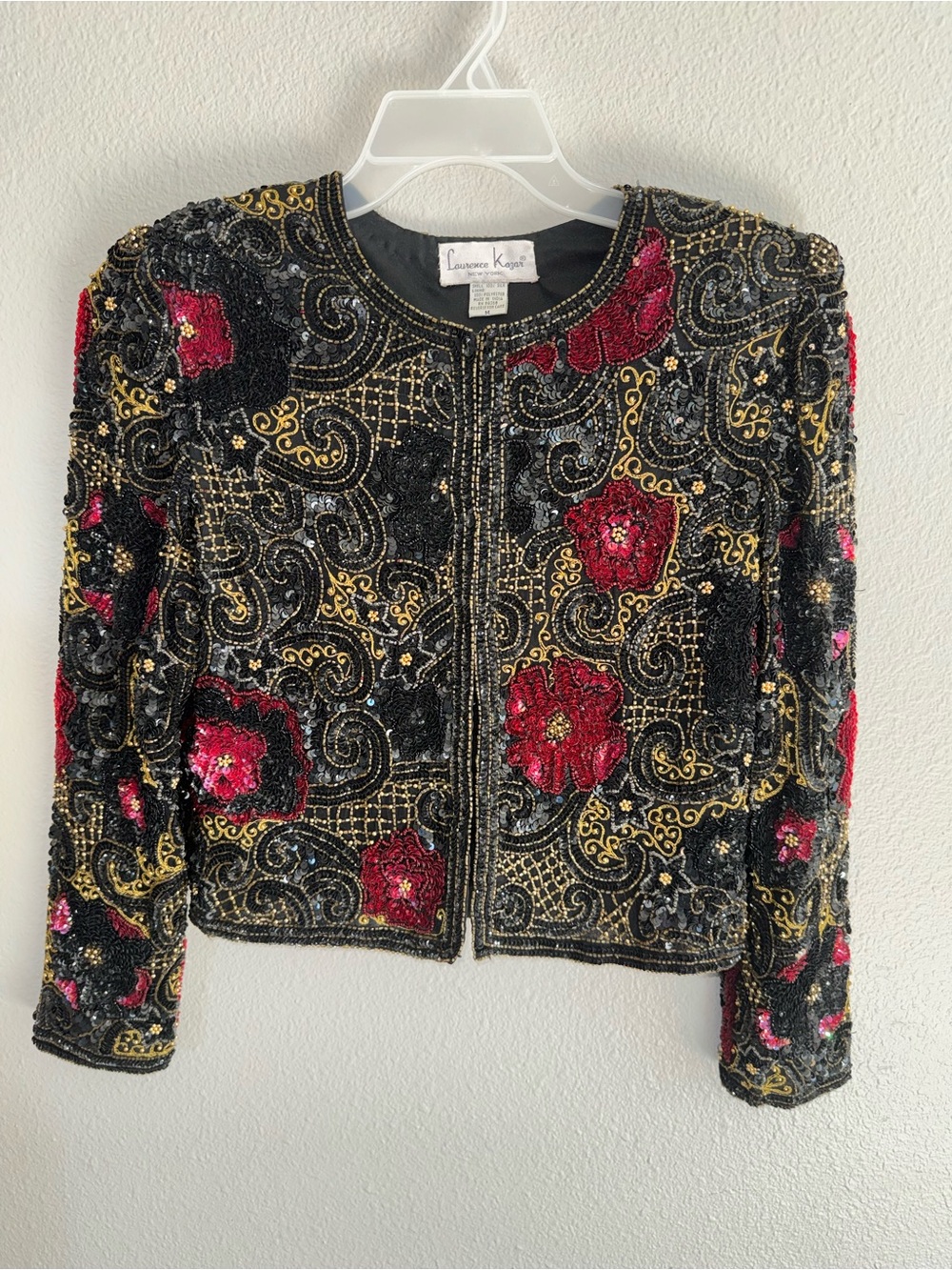 Vintage Laurence Kazar Silk Black Red Beaded & Sequin floral, star Jacket Sz M